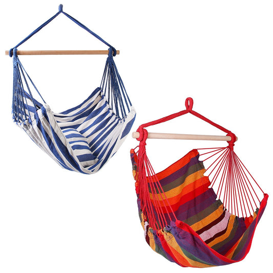 US Local 1Pc Hammock Hanging Chair Canvas Porch Patio Swing Seat Portable Camping Rope Seat Wooden Stick Hammock Chair With 2 Pillows 265LBS Load-bearing
