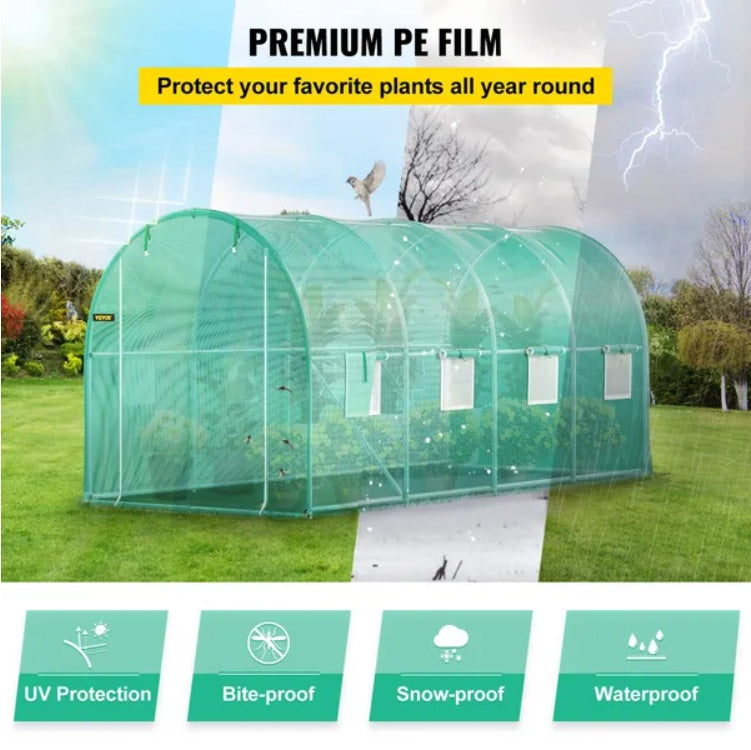 US Local VEVOR Walk-in Tunnel Greenhouse, 14.8 X 6.6 X 6.6 Ft Portable Plant Hot House W  Galvanized Steel Hoops, 1 Top Beam, Diagonal Poles, Zippered Door   8 Roll-up Windows, Green