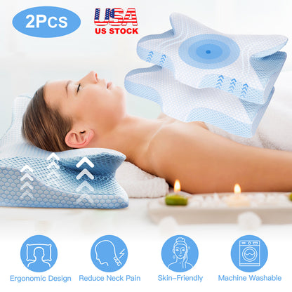 US Local 2 Pcs Memory Foam Pillow Neck Support Pillow For Pain Relief Sleeping Ergonomic Contour Orthopedic Support Side Back Stomach Sleeper