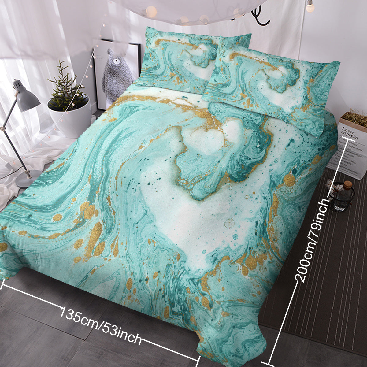 US & UK Local Chic Girly Marble Duvet Cover Mint Gold Glitter Turquoise Bedding Comforter Set Abstract Aqua Teel Blue Duvet Cover