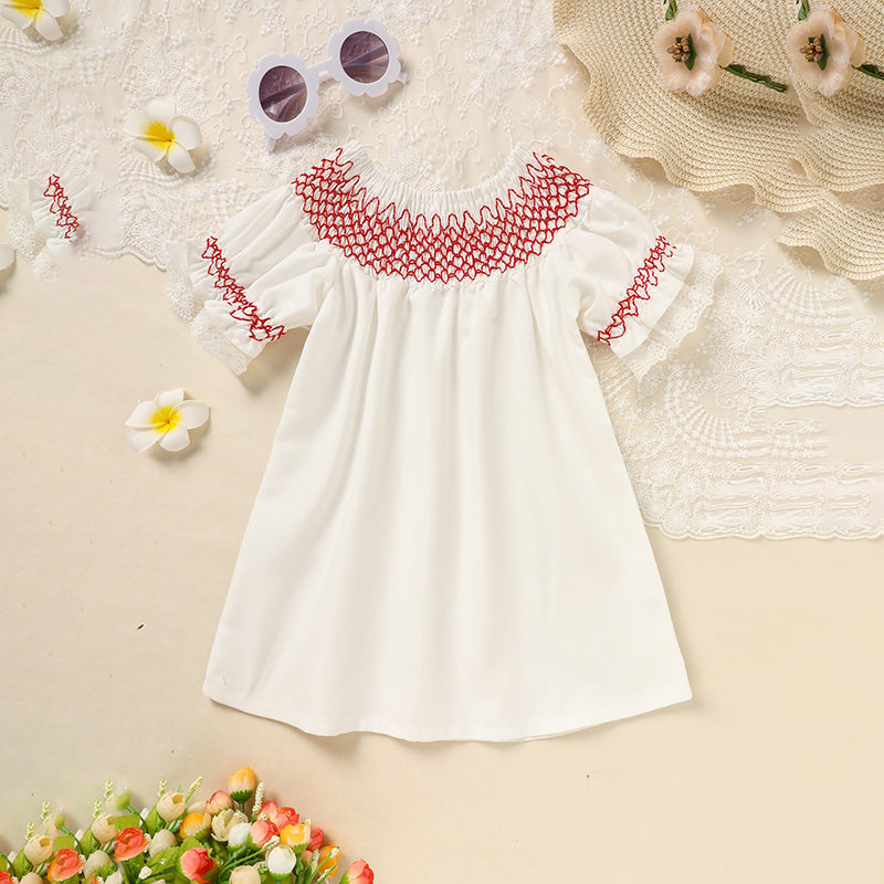 US Local Infant Baby Girl Valentines Day Dress Lace Short Sleeve Round Neck White With Red Embroidery Party Dress