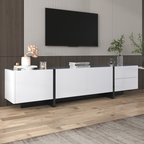 UK Local TV Cabinet, Low Panel With Colorblocked Legs In High-gloss White And Black, With Doors And Drawers, Doors With Shelves. Simple Line Design.