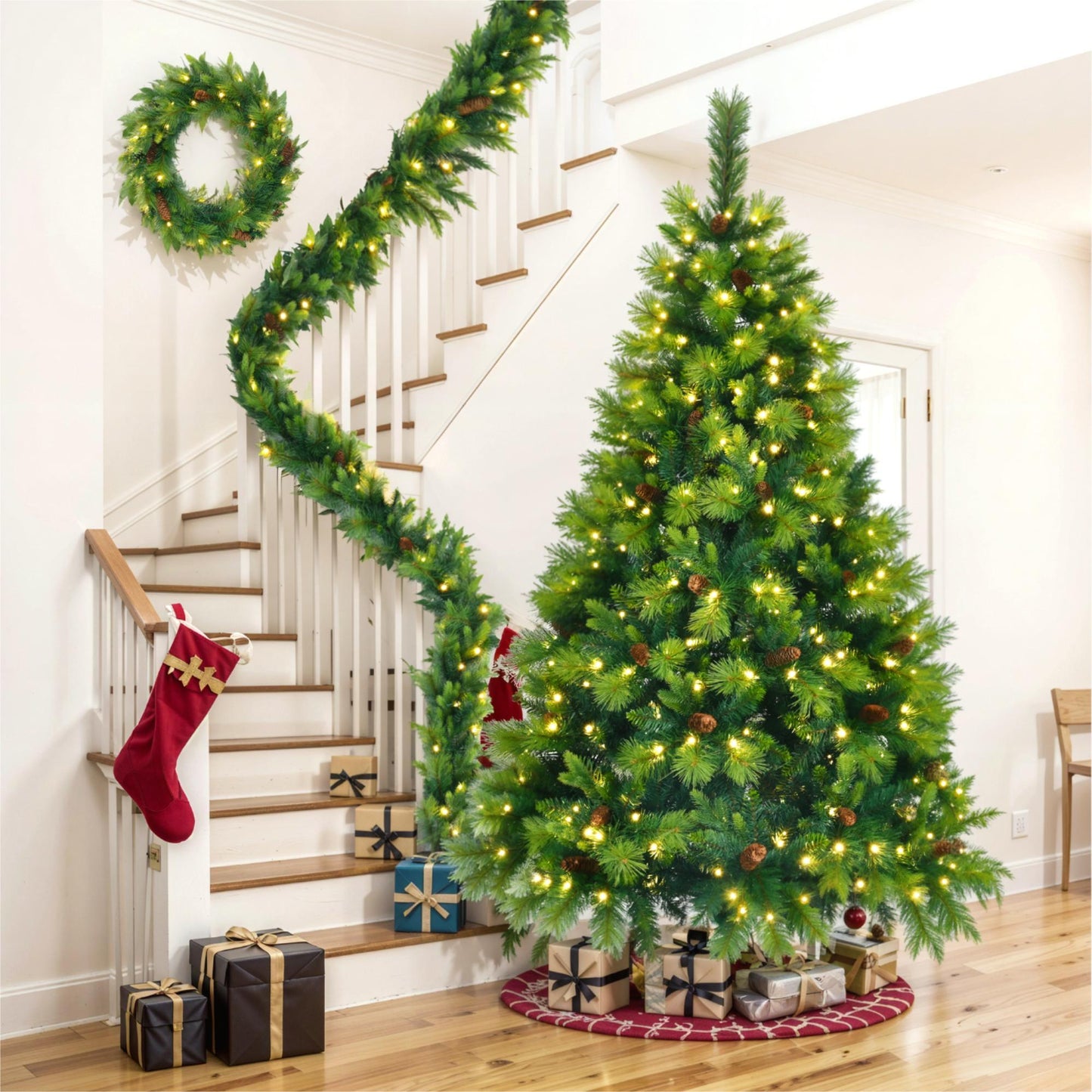 US Local 6 Ft Long Grass Green Christmas Tree, Big Branch Pine Tree, Pre-Installed Lighting Set With Tree & Garland & Garland, Artificial Christmas With Pine Cone, Articulated Christmas Tree For Holiday Part