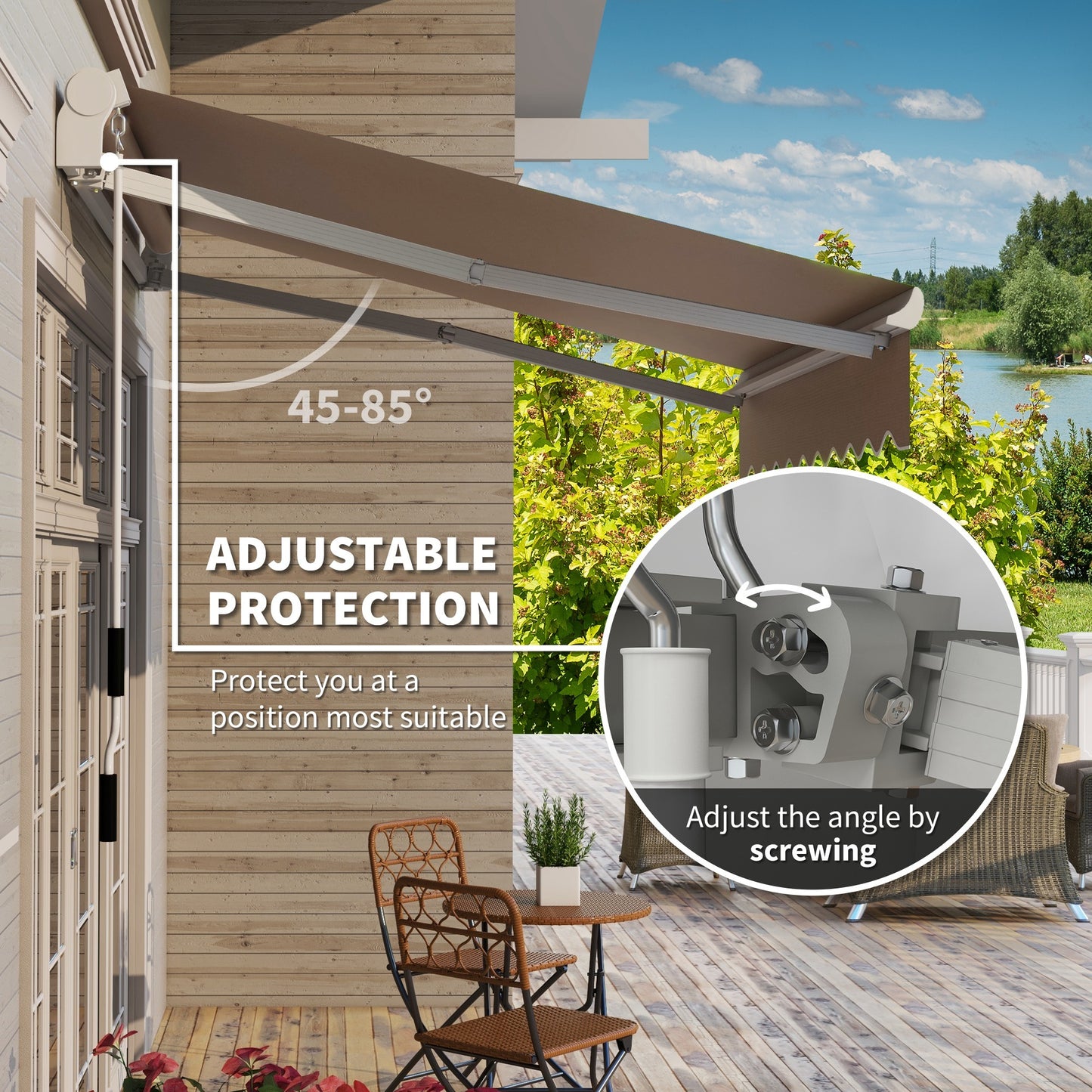 US Local 8' X 6.6' Patio Retractable Awning Manual Exterior Sun Shade Deck Window Cover, Brown