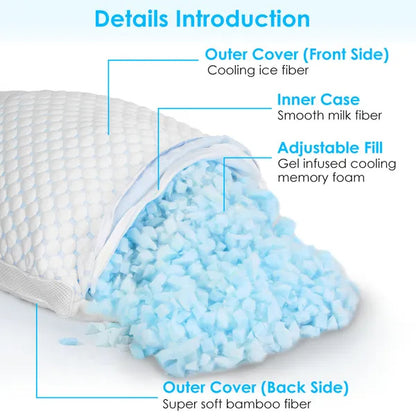 US Local 1 Pc Shredded Memory Foam Pillow Adjustable Cool Pillow With Extra Filling Machine Washable Cover For Side Back Stomach Sleepers