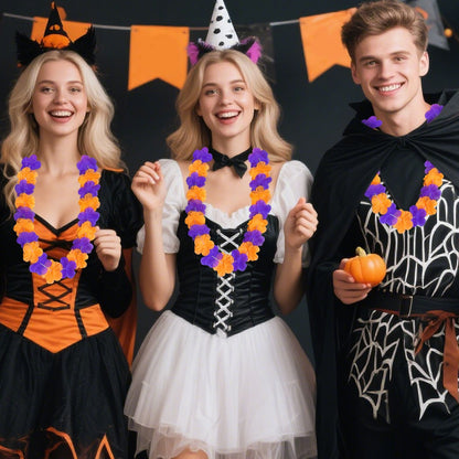 US Local 24 Pcs Halloween Leis Hawaiian Leis Necklace Tropical Flower Lei Floral Luau Party Decorations Orange Purple Dance Garland Headbands Photo Booth Photo Props For Halloween Birthday Trick Or Treat Party