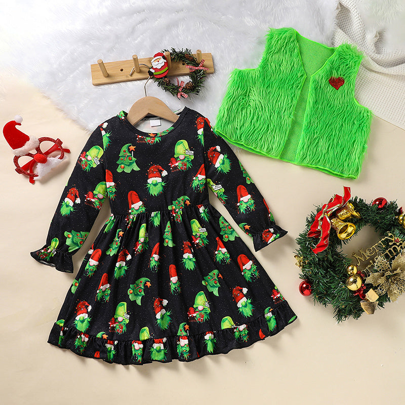 US Local Toddler Kids Baby Girl Christmas Dress Outifts, Long Sleeves Cartoon Prints Party Dress With Heart Print Vest Coat Xmas Clothes Set