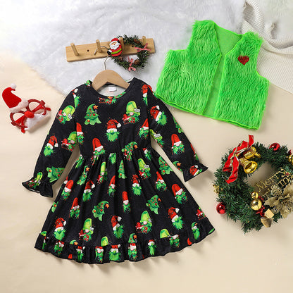 US Local Toddler Kids Baby Girl Christmas Dress Outifts, Long Sleeves Cartoon Prints Party Dress With Heart Print Vest Coat Xmas Clothes Set