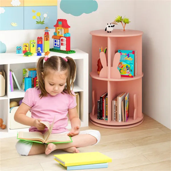 US Local 2-Tier Kids Rotating Bookshelf - Display For Books Toys, Bunny Baffles Child-Friendly Height, 22 Lbs Net Weight