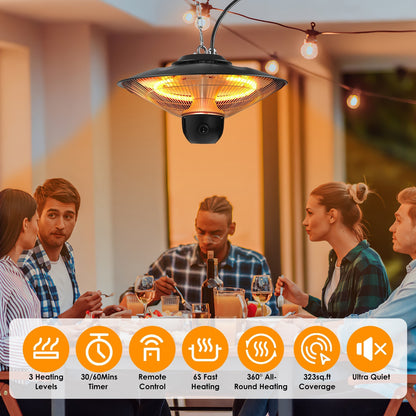 US Local 1500W Outdoor Patio Heater Electric Hanging Heated Ceiling Mounted Heating Lamp IP23 Waterproof With 3 Heating Levels 30Mins 60Mins Timer 2 Remote Control For Garage Balcony Courtyard