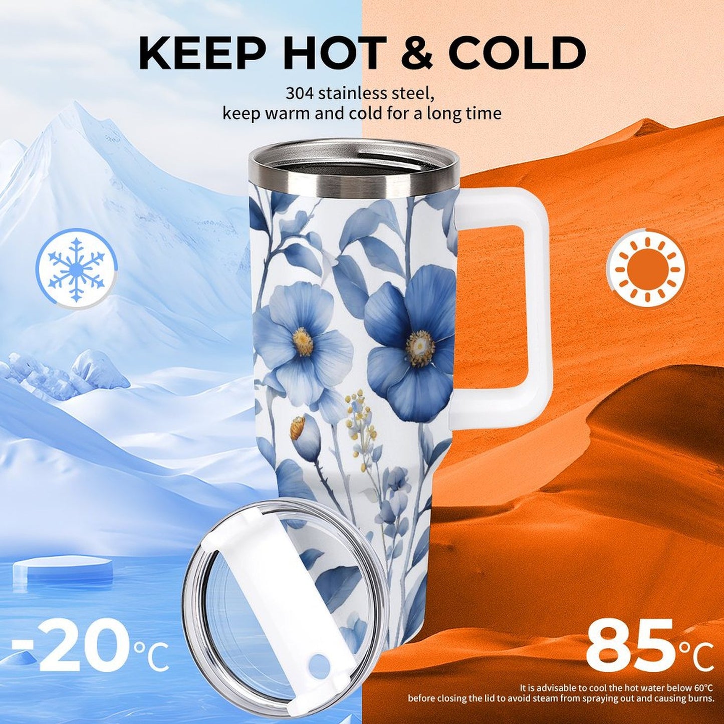 PHDT00114 POD US Local Tumbler 40 oz Large Capacity Car Cup Blue, Ink, Watercolor, Flower