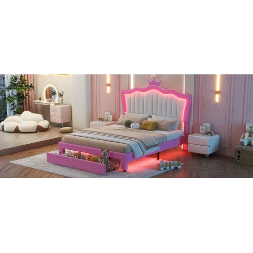 US Local Full Size Upholstered Bed Frame With LED Lights, Modern Upholstered Princess Bed With Crown Headboard, 2 Drawers