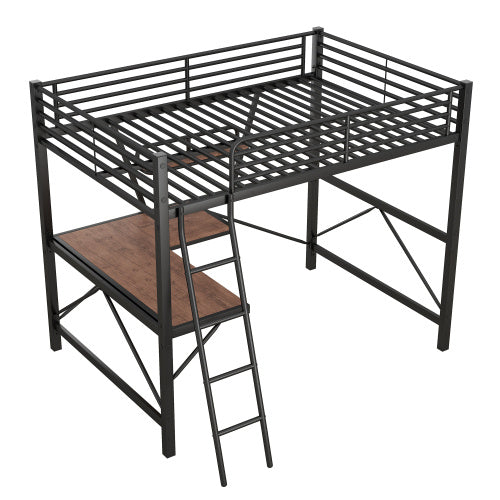 US Local Full Size Loft Metal&MDF Bed With Desk And Shelf, Black