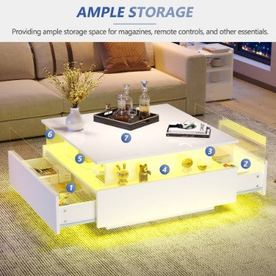 UK Local Coffee Table With Storage For Living Room, Modern LED Coffee Table, Square Tea Table With 2 Sliding Drawers Wood Center Table Acrylic Glass Coffee Table