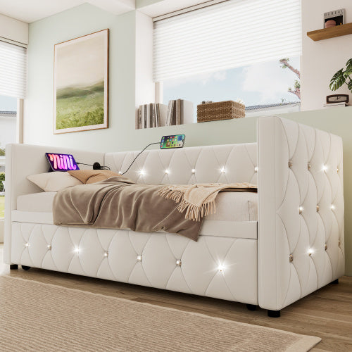 UK Local Daybed Single Upholstered Bed Sofa Bed With USB &Type C Charging Station, 3FT Single Bed 90 X 190 Cm With Trundle ,Pull Out Trundle For Living Room And Bedroom, Velvet