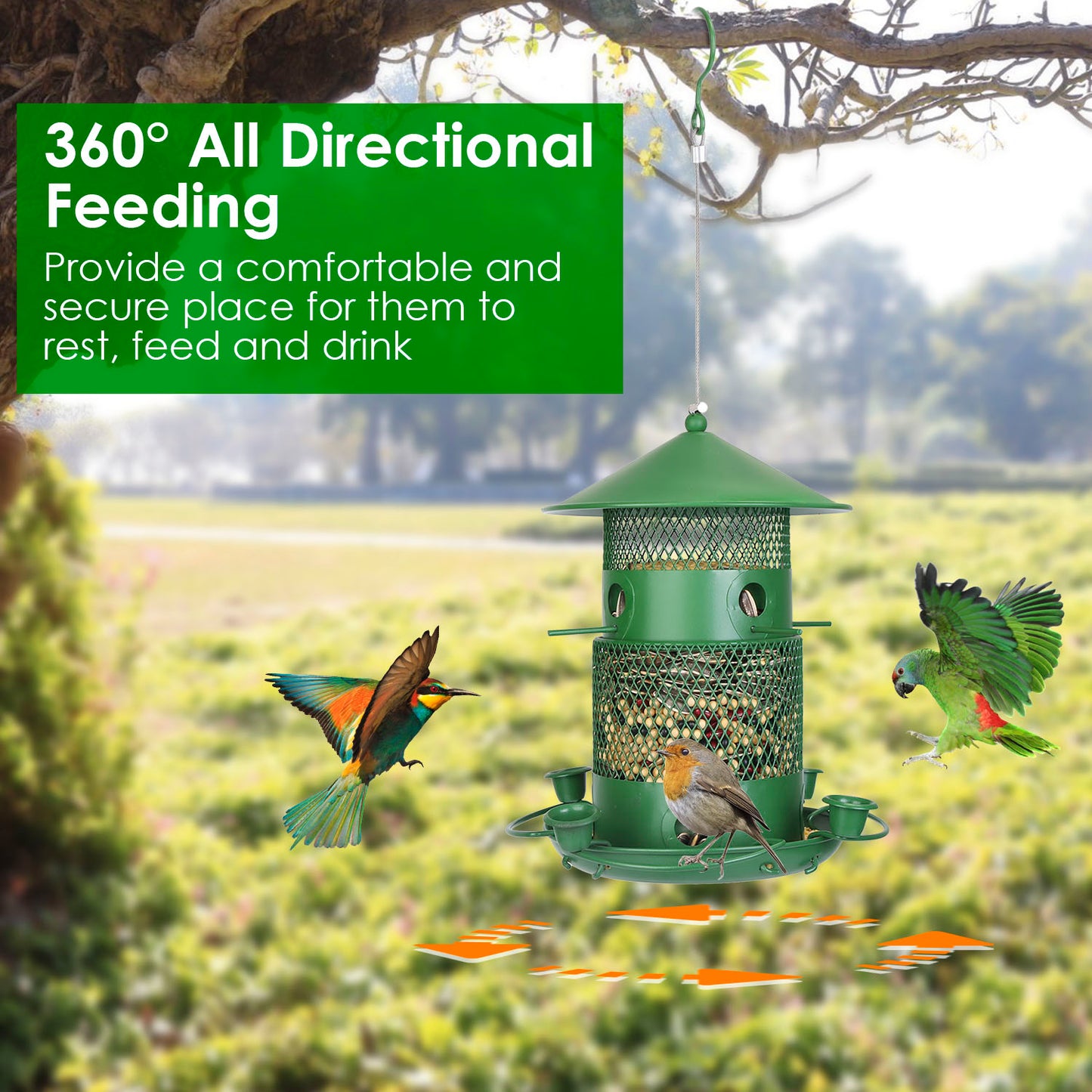 US Local 1Pc Wild Bird Feeder Squirrel-Proof Chew-Proof Metal Bird Seed Feeder Outdoor Hanging Bird Feeder With 360 Degree Circular Perches Water Cups For Yard Garden Patio
