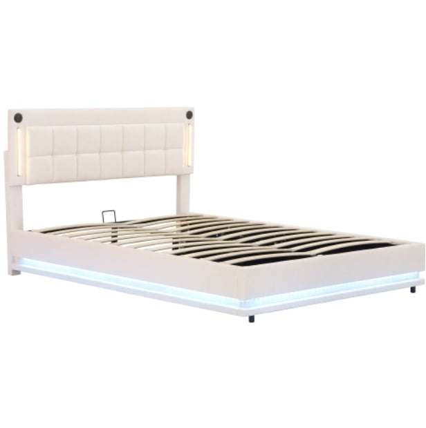 UK Local 5ft King LED Hydraulic Bed With Charging Station, Adjustable Square Tufted Headboard With Intelligent Control Light, Soft Velvet Bed Frame With USB And Type - C Ports, Beige