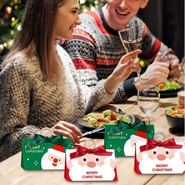 US Local 10 Pcs Christmas Candy Boxes With Ribbon And Wooden Ring Merry Christmas Santa Claus Pattern Cookie Goodie Box Cartoon Paper Treat Box For Christmas Gift Wrapping Holiday Party Supplies