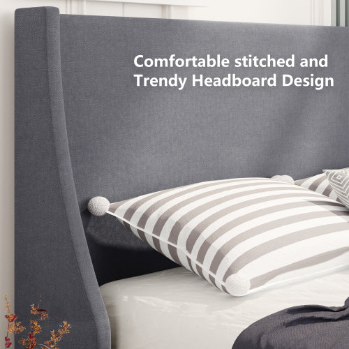UK Local Double Bed Soft Linen Grey 4FT6 Upholstered Bed With Winged Headboard, Wood Slat Support