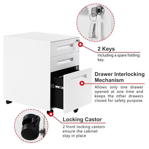 UK Local 3 Drawer Steel Metal Filing Cabinet With Embedded Handle And Lock Black