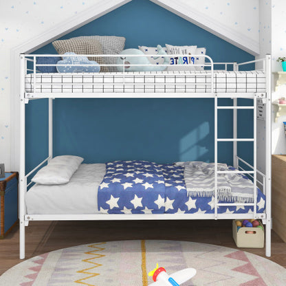US Local Twin-Over-Twin Bunk Bed With Metal Frame And Ladder, Space-Saving Design,White