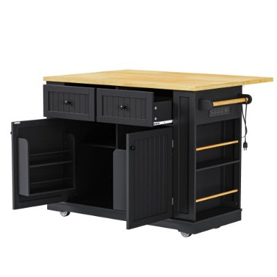 US Local Large Kitchen Island With 2 Bar Stools, Power Outlet, Door Internal Storage Rack, Kitchen Storage Cart On 5 Wheels With Drop Leaf, 5 Open Side Racks, 2 Drawers,for Kitchen,Dining Room
