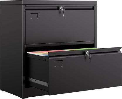 US Local Metal 2 Drawer Lateral File Cabinet With 2 Lock - Wide Filing Cabinet For Letter Legal Hanging Files - Includes Business Card Holder,Home Office School Storage,Black