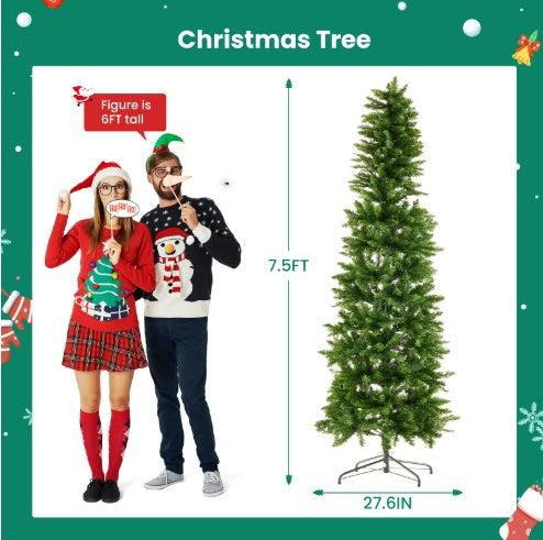 US Local Pencil Christmas Tree, Prelighted Artificial Slim Christmas Trees With 250 Incandescent Lights, 571 Branch Tips & Foldable Base