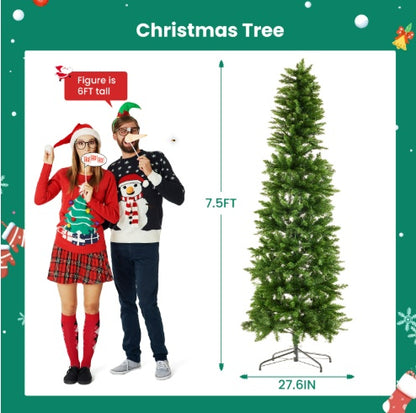 US Local Pencil Christmas Tree, Prelighted Artificial Slim Christmas Trees With 250 Incandescent Lights, 571 Branch Tips & Foldable Base