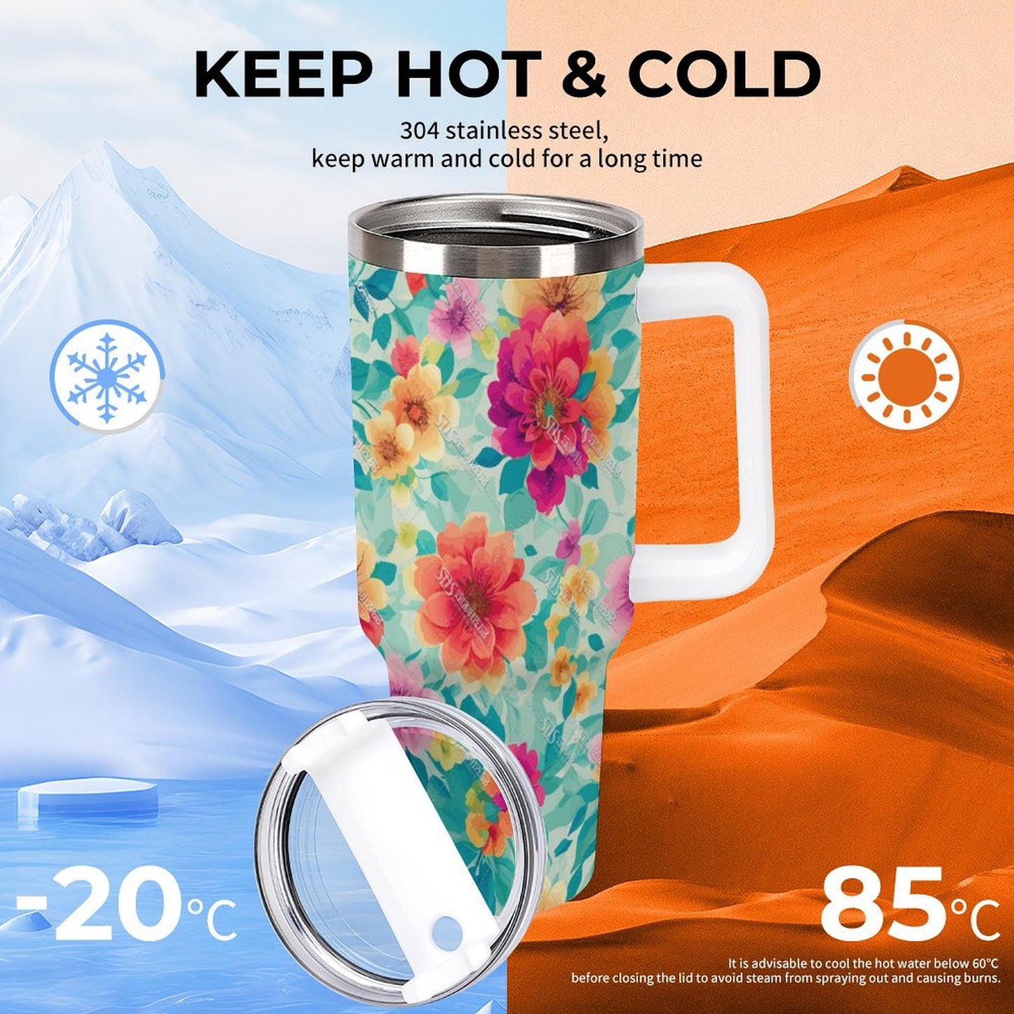 PHDT00440 POD US Local Tumbler 40 oz Large Capacity Car Cup Red Flowers, Green Leaves, Vintage