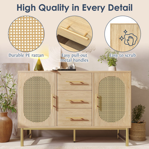 UK Local Rattan Sideboard Storage Cabinet With 2 Doors 3 Drawers, Storage Cabinet For Living Room, Bedroom, And Hallway, Metal Handles, Adjustable Shelves, Anti-Tip, 120 X 40 X 74 Cm, Oak