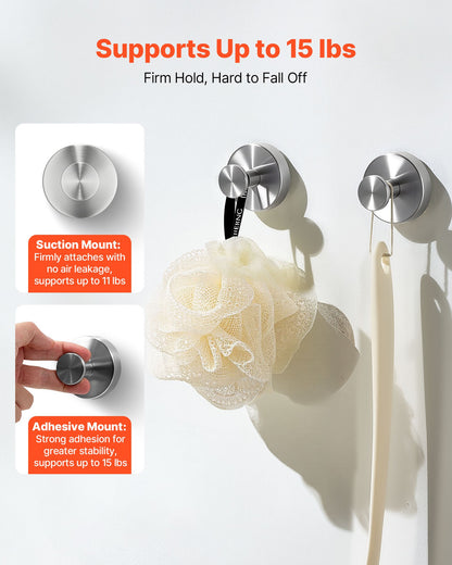 US Local Suction Cup Hooks For Shower No Drill Stainless Steel 2-Pack Towel Hooks