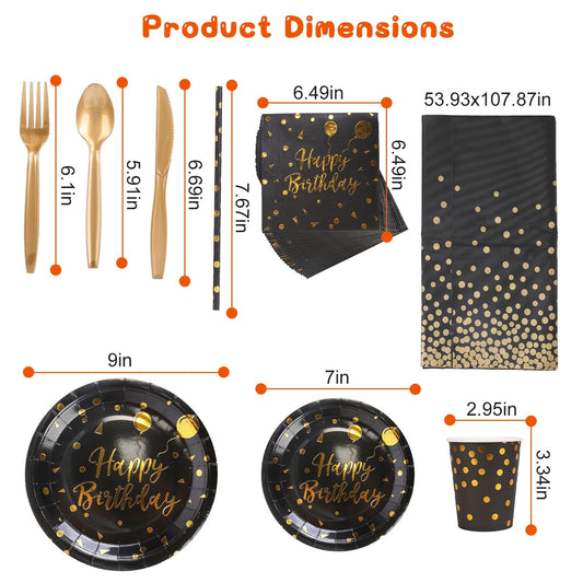 US Local 201 PCS Black Gold Birthday Party Supplies For 25 Guests Happy Birthday Disposable Dinnerware Set Paper Plates 9OZ Cups Straws Napkins Forks Knives Spoons Tablecloth
