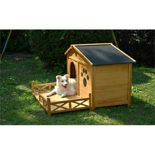 US Local 48 Wooden Dog House Outdoor With Porch, Dog Kennel With Water-Resistant Asphalt Roof And Fencing,Indoor & Outdoor Dog Crate With Paw Print, Medium, Nature