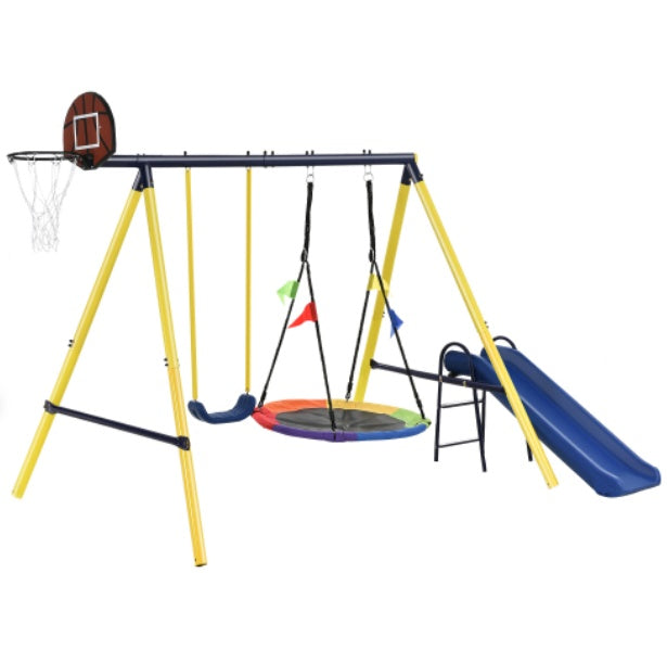 UK Local Kids Swing Set With Metal Frame, Nest Tree Swing, Plastic Single Swing, Basketball Hoop, Slide,  Playground Outdoor Play Frame Toy For Children, Over 3 Years Old, Yellow