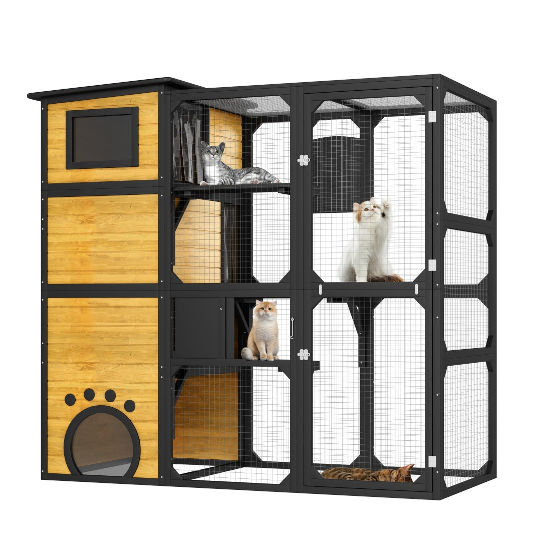 US Local GO Large Cat Catio 4 Tiers Cat Enclosure For Outdoor, Cat House Weatherproof Attached To Window For Multiple Cats With Platforms And Resting Rooms, Brown
