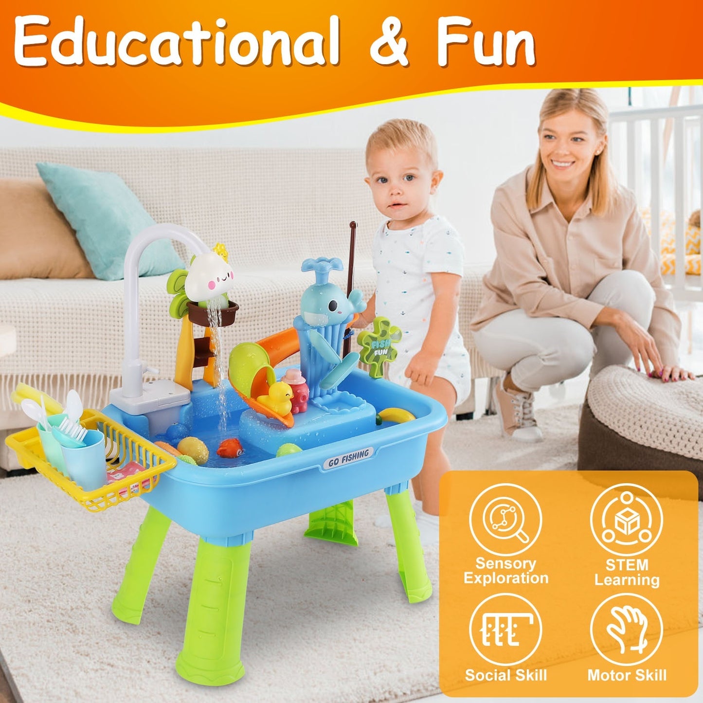 US Local 1Set 3 In 1 Kitchen Sink Toy With Electric Faucet Water Table Fishing Game Role Play Sink Set Indoor Outdoor For Kids Aged 3 Years Old