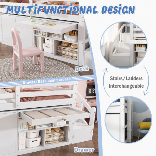 UK Local Multifunctional Wooden Children's Bed With Stairs And Storage Space, Stairs  Cabinets Interchangeable On The Left And Right, Drawers Reversible And Usable As A Desk, Without Mattress, 90x190, White