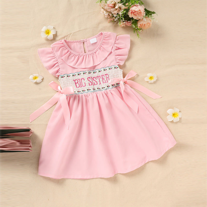 US Local Toddler Girl's Pink Ruffle Sleeve Dress Letter Embroidery & Bow Detail With Back Button Closure