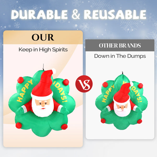 US Local 4ft Window Santa Claus Wreath, 5 LED Lights, Bundle Pocket Christmas Inflatable Decoration