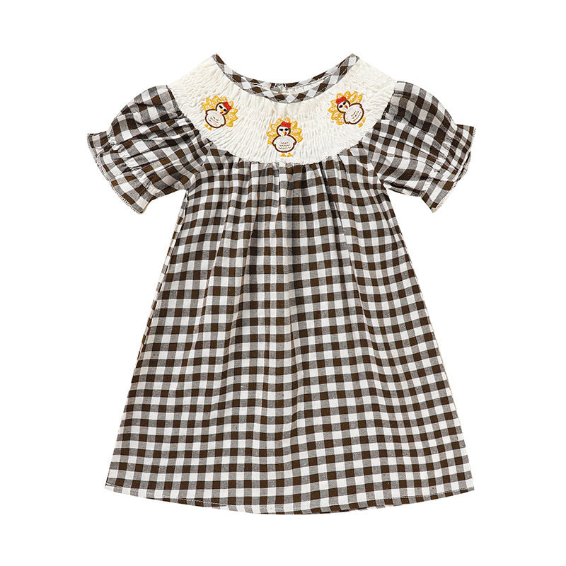 Infant Baby Girls Thanksgiving Dress Turkey Print Casual Short Sleeve Plaid Party Costume Dresses