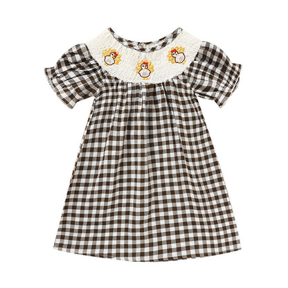 Infant Baby Girls Thanksgiving Dress Turkey Print Casual Short Sleeve Plaid Party Costume Dresses