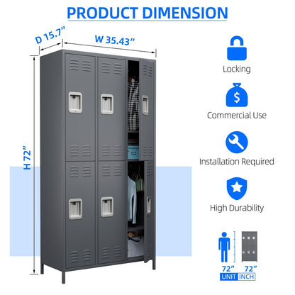 US Local 6 Doors Metal Lockers For Employees With Lock, Metal Locker With 18 Hooks For School Garage Office Gym Home,Assembly Required,Dark Grey