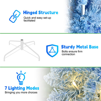 6FT Blue Gradient Flocked Pencil Christmas Tree With 200 Warm White LED Lights, 485 Tips, Hinged Branches, Slim Design, Metal Stand Narrow Prelit Tree For Holiday Home Decor