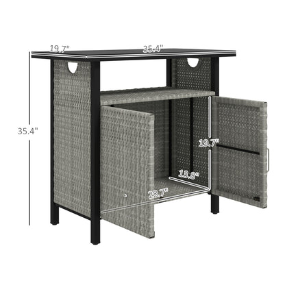 US Local Outdoor Pool Towel Storage Cabinet Organizer, Outdoor Bar Table With Shelf And Cabinet, Pool Towel Holder Pool Valet With Weather-Resistant PE Rattan And Steel Frame, Gray