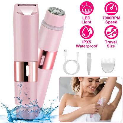 US Local 2 In 1 Bikini Trimmer For Women Dual Head Cordless Body Shaver IPX5 Waterproof Rechargeable Pubic Hair Razor Wet And Dry Use For Bikini Underarm Leg Arm Body Face