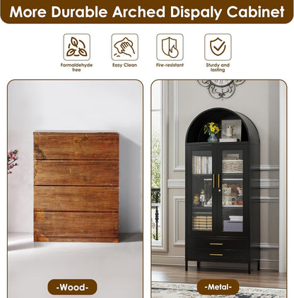 US Local 73 In Tall Metal Arched Cabinet, Kitchen Pantry Cabinet With Glass Doors, Modern Farmhouse Arched Bookcase With 2 Drawers And 2 Adjustable Shelves For Living Room, Black, Assembly Required