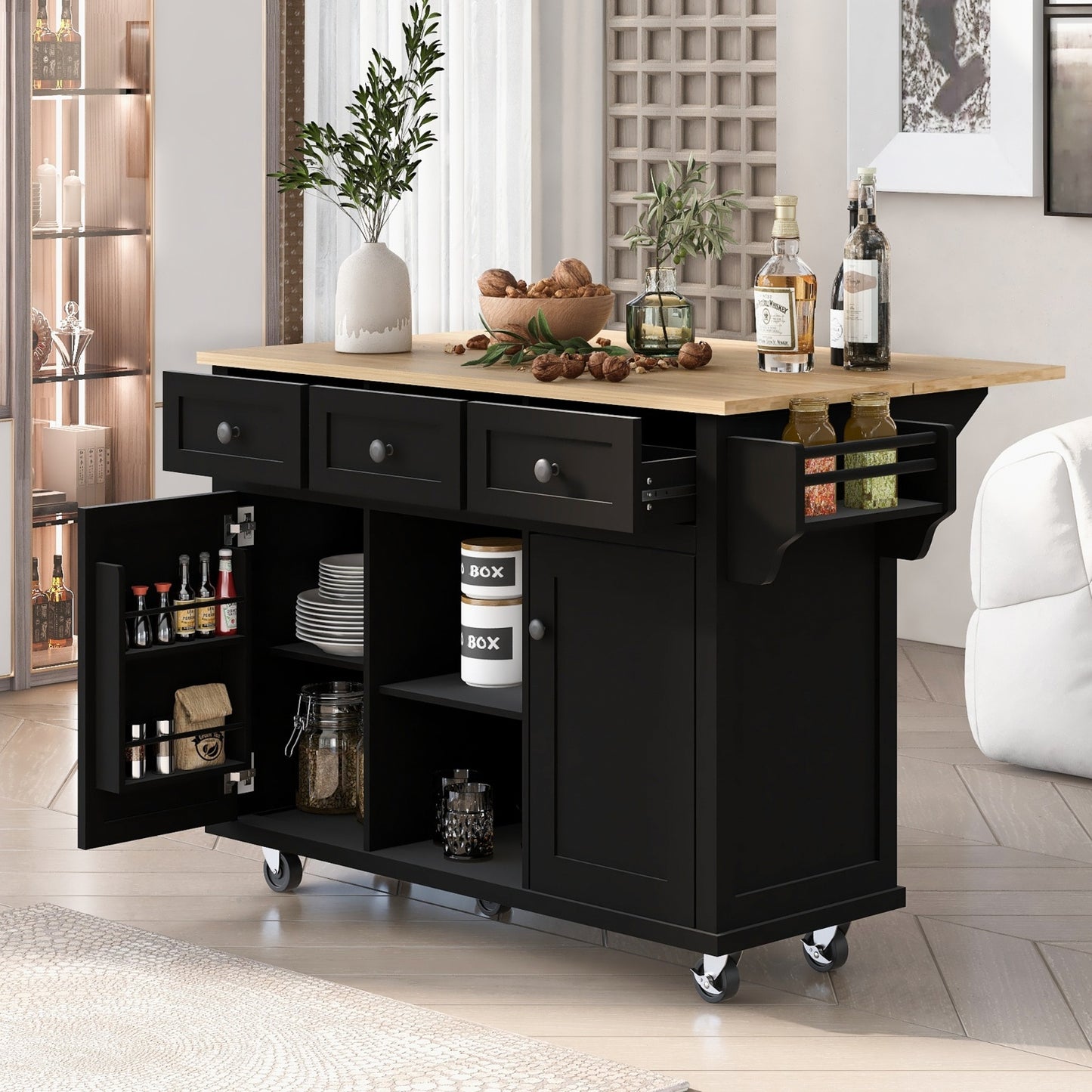 US Local Kitchen Cart With Rubberwood Drop-Leaf Top, Cabinet Door, Storage Racks