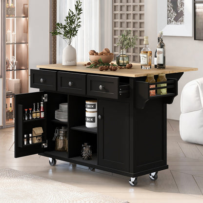 US Local Kitchen Cart With Rubberwood Drop-Leaf Top, Cabinet Door, Storage Racks
