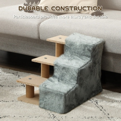 UK Local PawHut Three-Step Dog Stairs, With Washable Plush Cover, For High Bed Sofa, Dog Stairs For Small Dog And Cat - Light Grey